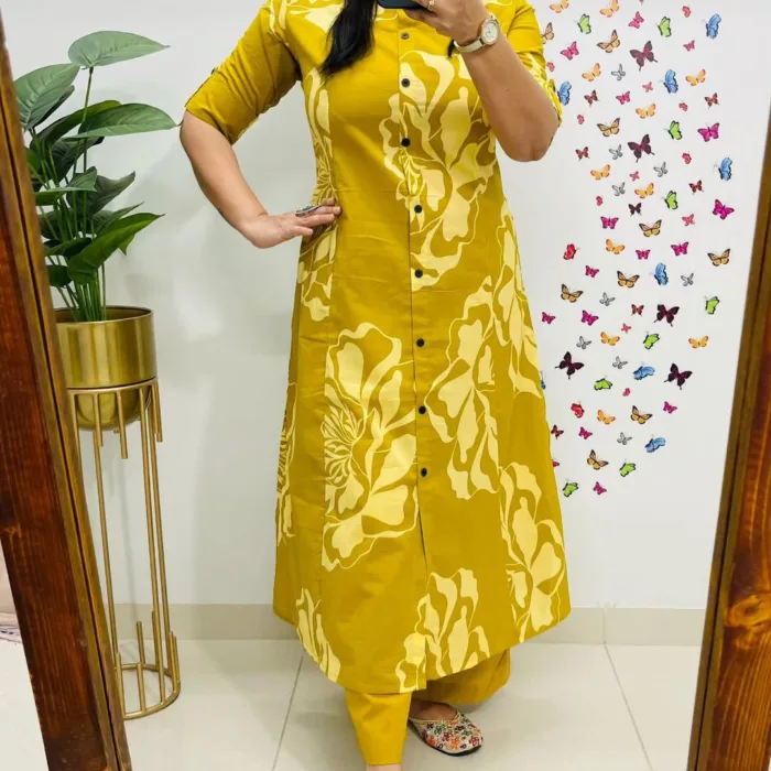 Mustard Yellow Floral Cotton Printed Kurta Set
