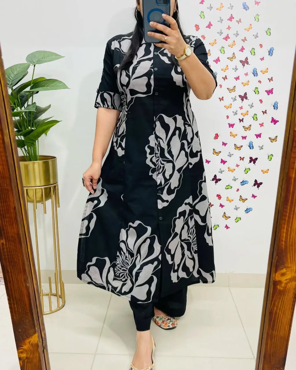 black & Grey Floral Cotton Kurta Set