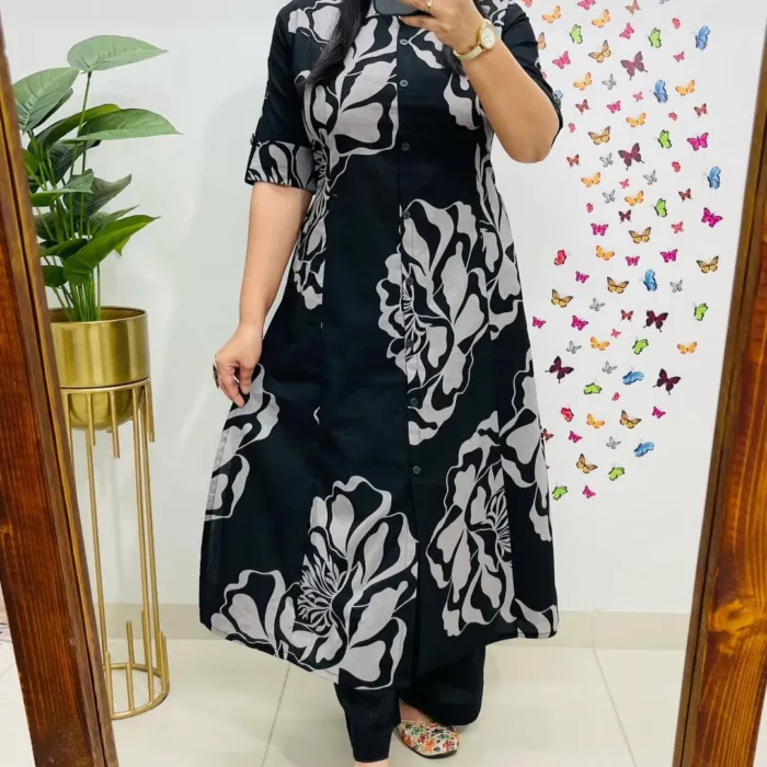 black & Grey Floral Cotton Kurta Set