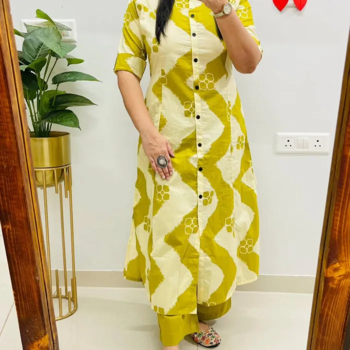 Olive and Cream Geometric Cotton Printed Suit Set