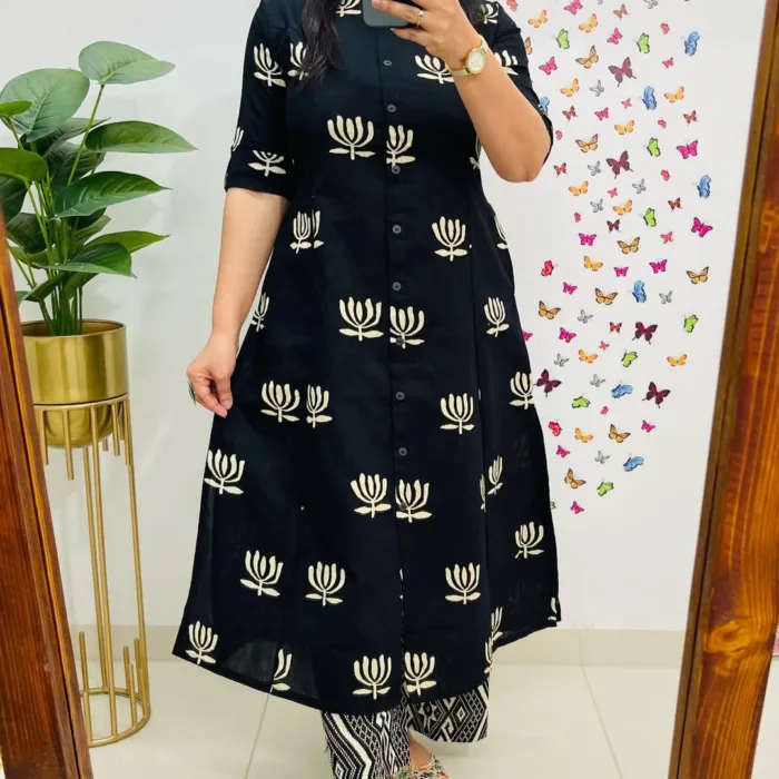 Black and cream Cotton Printed Suit Set