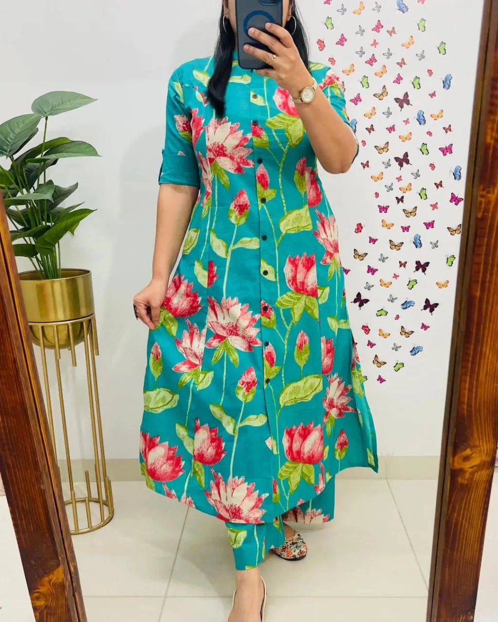 Teal and Pink Lotus Floral Cotton Printed Suit Set