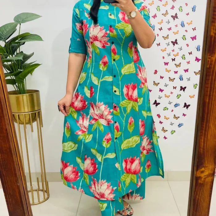 Teal and Pink Lotus Floral Cotton Printed Suit Set