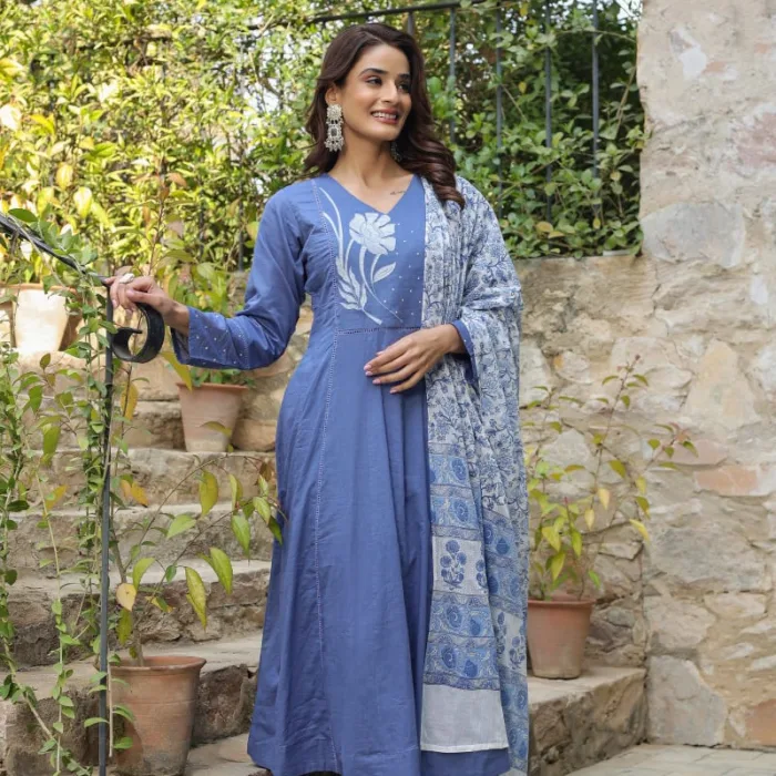 Elegant Blue Floral Embroidered Cotton Suit Set with straight pants and printed dupatta. A stylish choice for casual outings and festive gatherings.