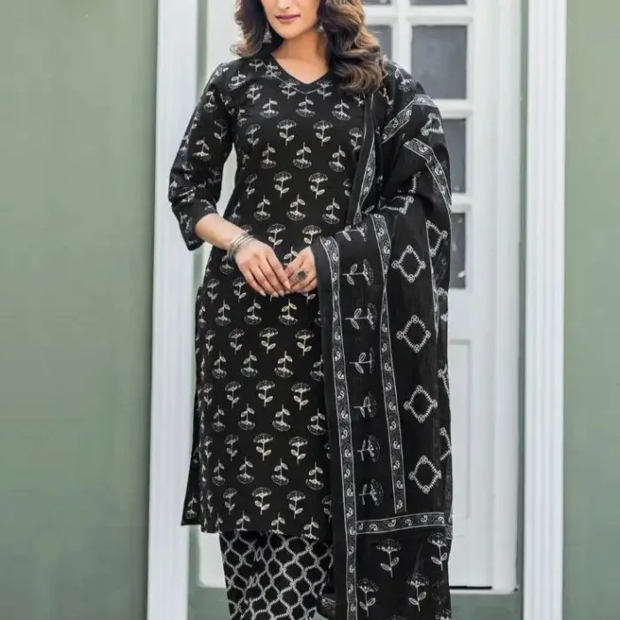 Elegant Black Printed Suit Set with Dupatta