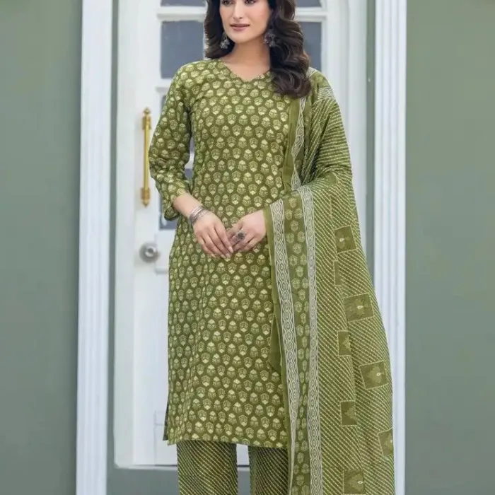 Mehendi Green Printed Suit Set