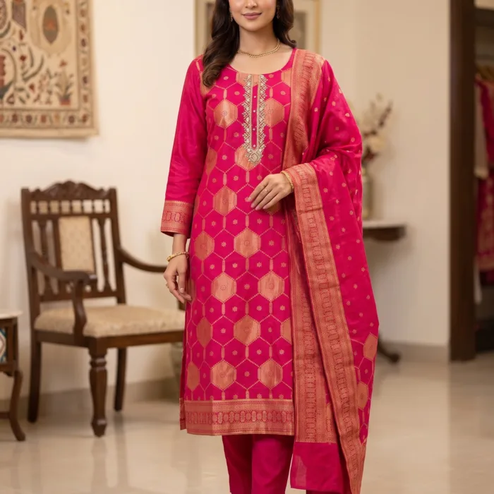 Elegant Fuchsia Banarasi Handwork Suit Set