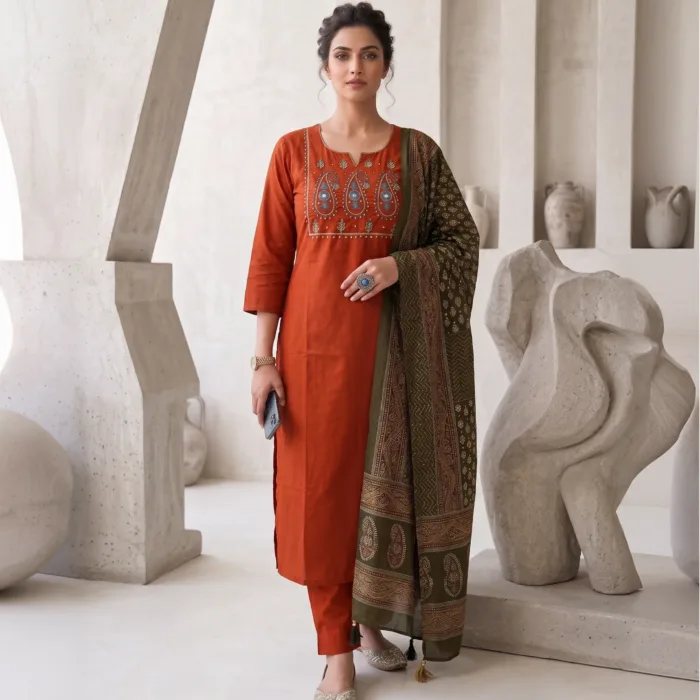 Embroidery Cotton Kurti Pant Set, Fully stitched Heavy Kurti crafted from pure fine Cotton fabric, featuring heavy sequence embroidery work for a sophisticated glow.