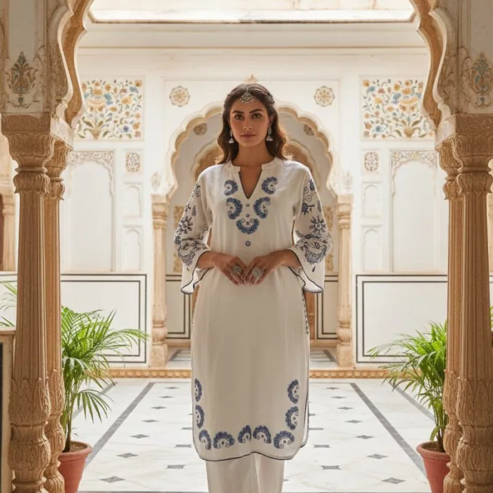 A woman in an ivory-colored Cotton Flex kurta set featuring intricate blue floral embroidery on the neck and borders, with practical side pockets and matching straight pants.