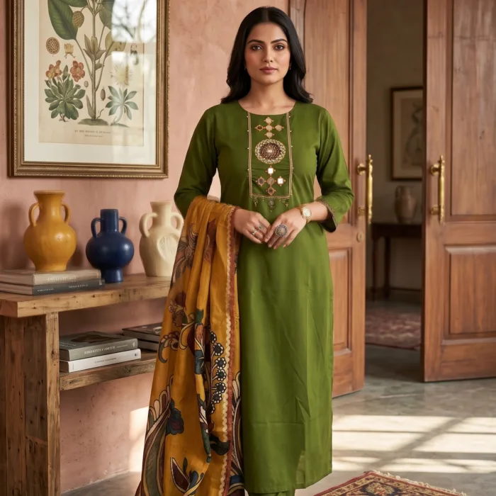 Woman in green outfit with shawlMehendi Green Dhabu Cotton Kurti Set
