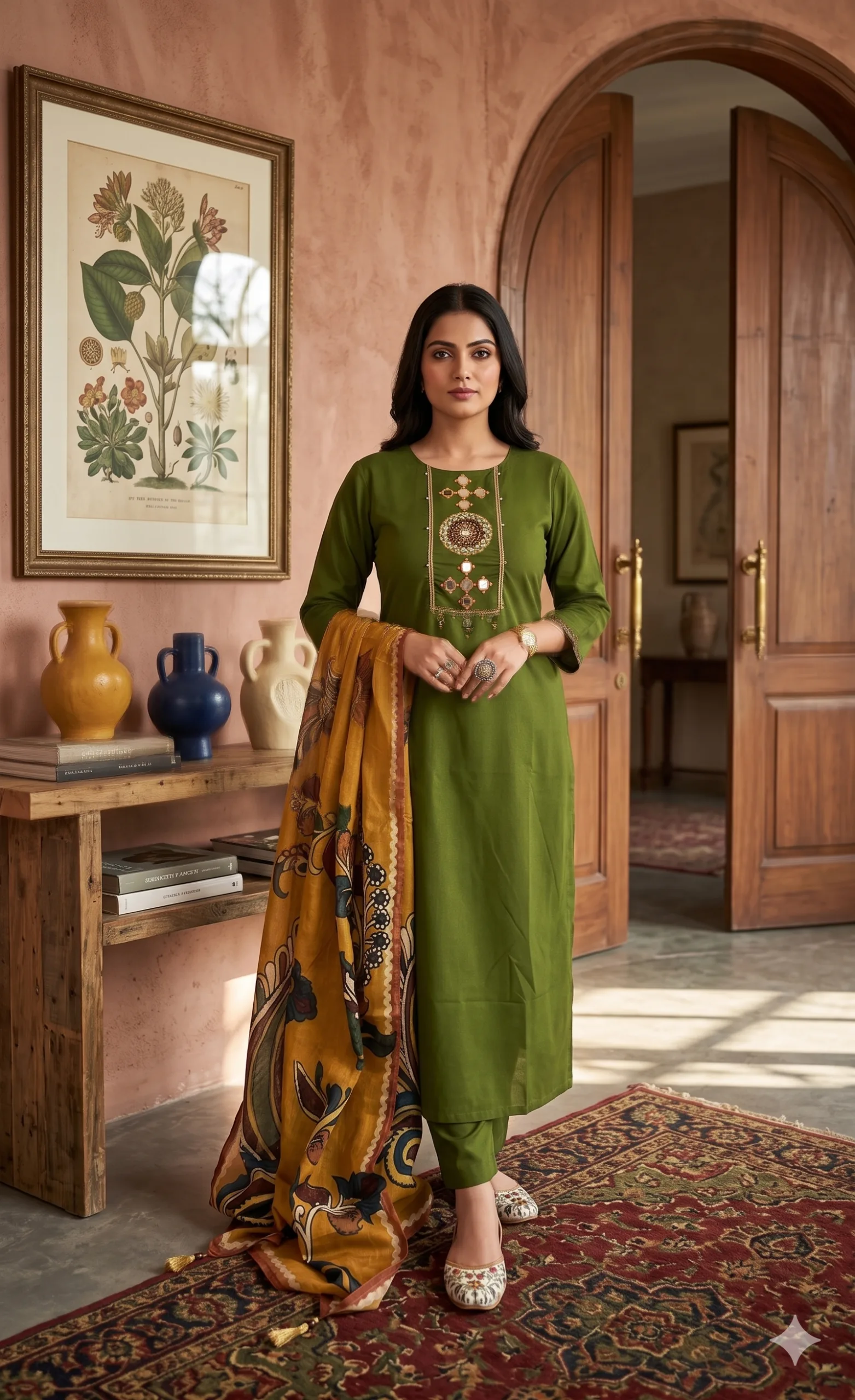Woman in green outfit with shawlMehendi Green Dhabu Cotton Kurti Set