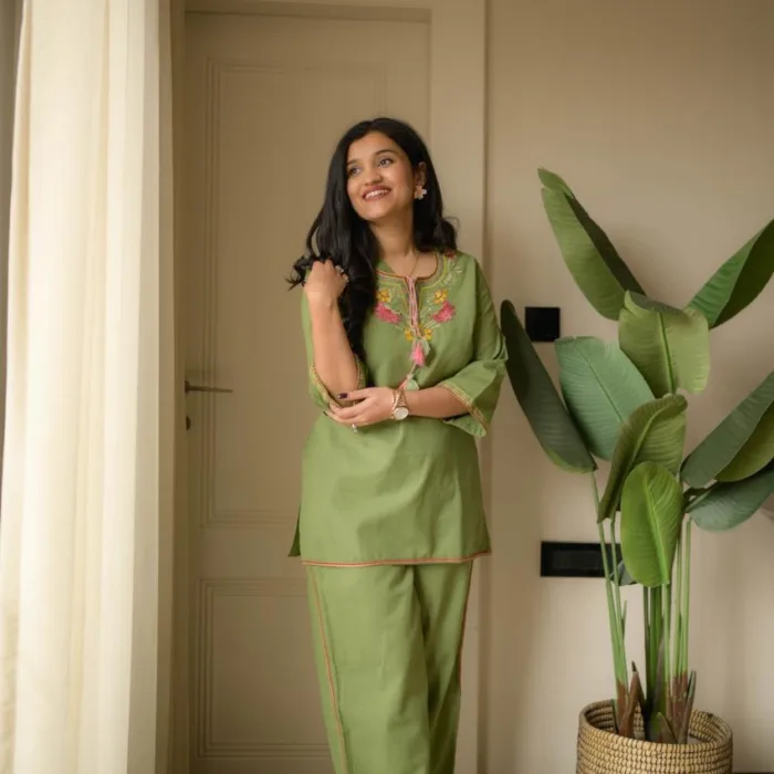 Green Cotton Slub Premium embroidered co-ord set