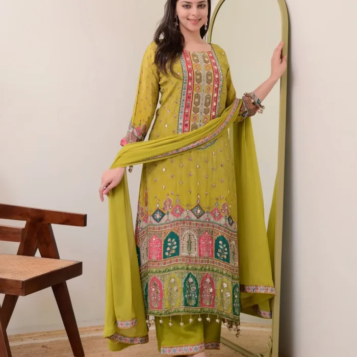 Pista Green Pure Chinon Suit with Shiffon Dupatta